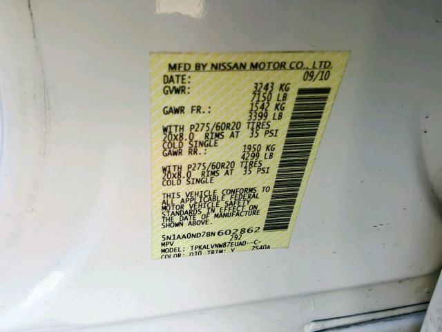 5N1AA0ND7BN602862 - 2011 NISSAN ARMADA SV WHITE photo 10