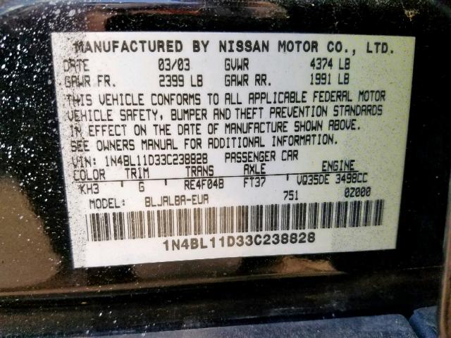 1N4BL11D33C238828 - 2003 NISSAN ALTIMA SE BLACK photo 10