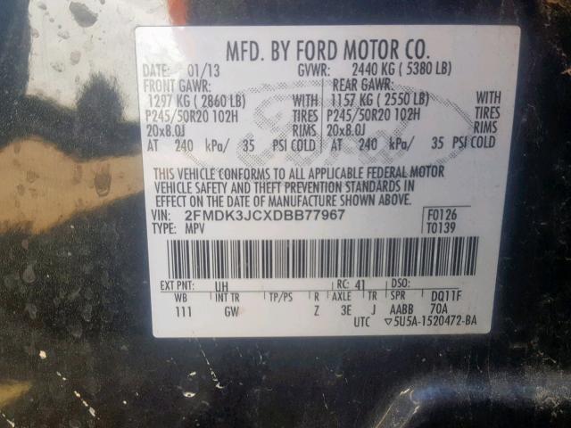 2FMDK3JCXDBB77967 - 2013 FORD EDGE SEL BLACK photo 10