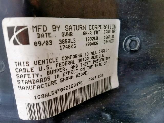 1G8AL54F04Z123476 - 2004 SATURN ION LEVEL BLACK photo 10
