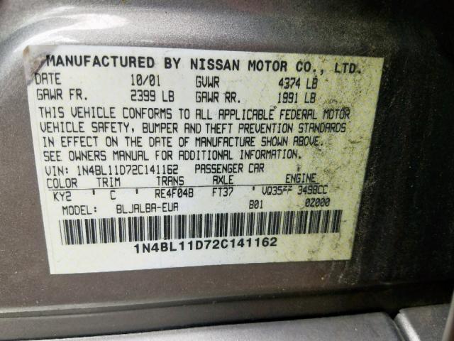 1N4BL11D72C141162 - 2002 NISSAN ALTIMA SE TAN photo 10