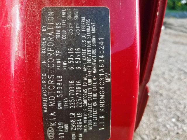 KNDMG4C31A6345241 - 2010 KIA SEDONA LX RED photo 10