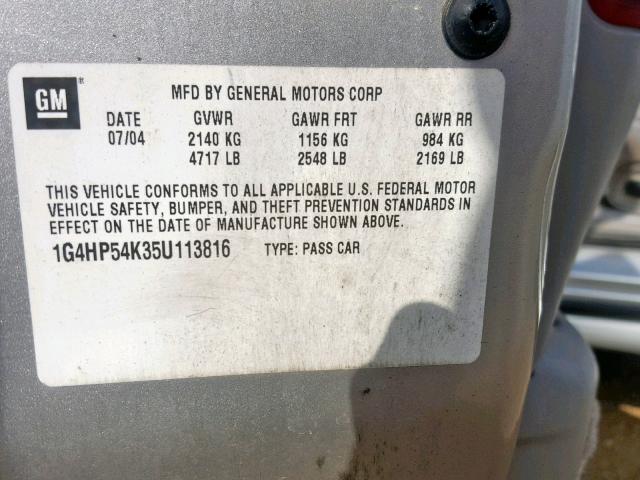 1G4HP54K35U113816 - 2005 BUICK LESABRE CU SILVER photo 10