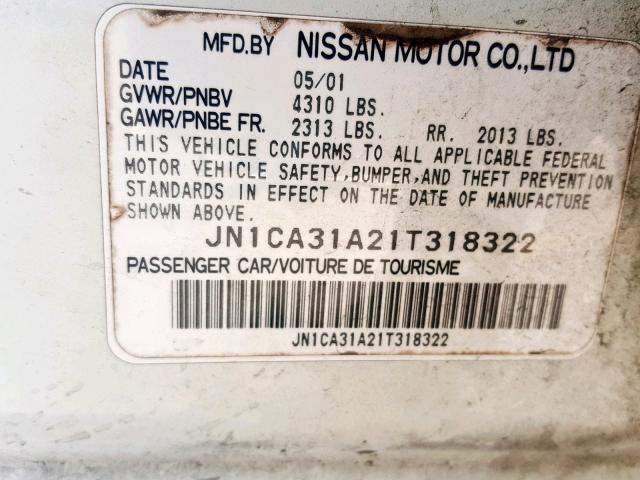 JN1CA31A21T318322 - 2001 NISSAN MAXIMA GXE WHITE photo 10