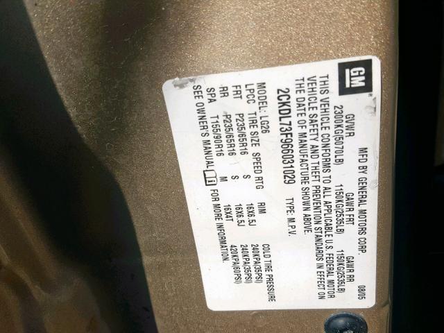 2CKDL73F966031029 - 2006 PONTIAC TORRENT BEIGE photo 10