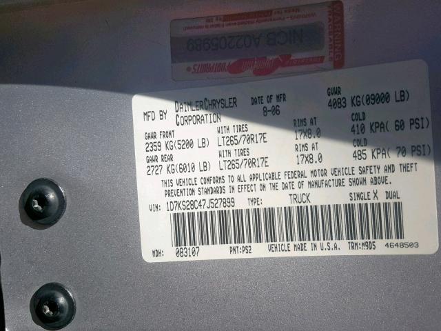 1D7KS28C47J527899 - 2007 DODGE RAM 2500 S ვერცხლისფერი ფოტო 10
