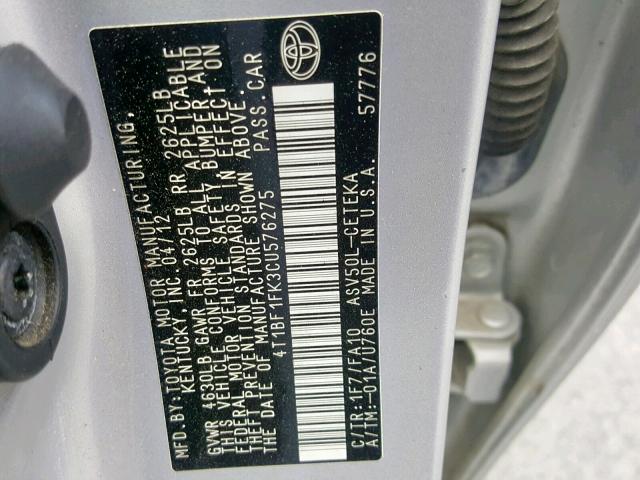 4T1BF1FK3CU576275 - 2012 TOYOTA CAMRY BASE SILVER photo 10