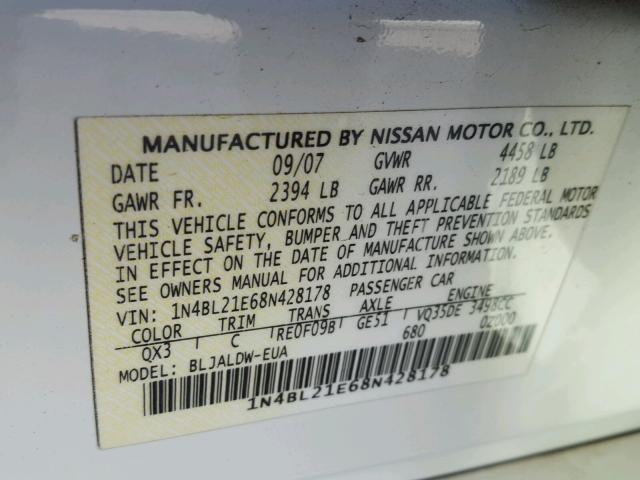 1N4BL21E68N428178 - 2008 NISSAN ALTIMA 3.5 WHITE photo 10