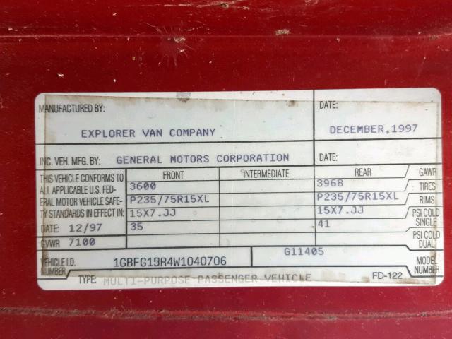 1GBFG15R4W1040706 - 1998 CHEVROLET VAN RED photo 10