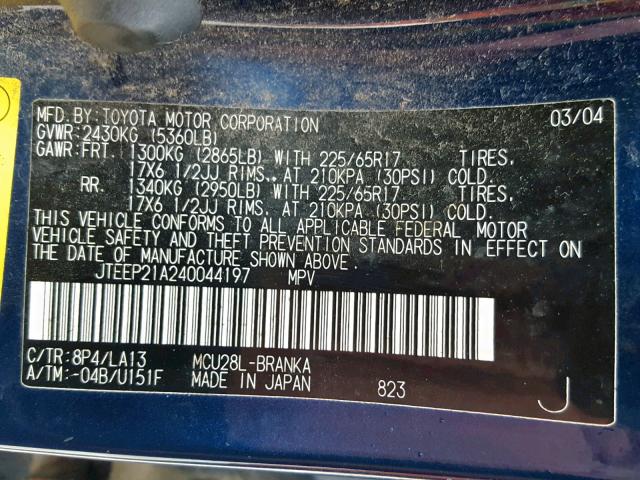 JTEEP21A240044197 - 2004 TOYOTA HIGHLANDER BLUE photo 10