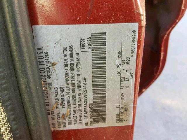 1FAFP6635WK241646 - 1998 FORD CONTOUR LX RED photo 10