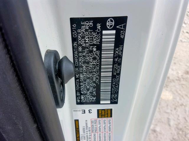 JTKJF5C74GJ024548 - 2016 TOYOTA SCION TC თეთრი ფოტო 10