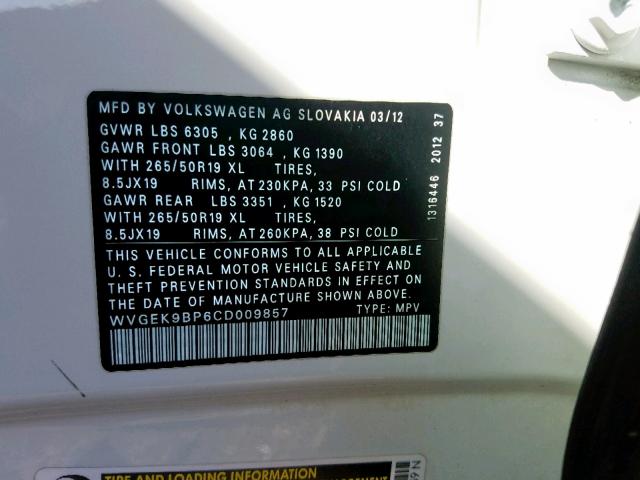 WVGEK9BP6CD009857 - 2012 VOLKSWAGEN TOUAREG V6 WHITE photo 10