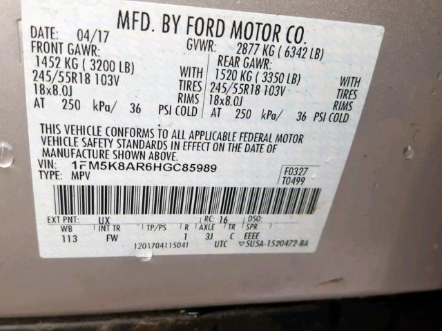 1FM5K8AR6HGC85989 - 2017 FORD EXPLORER P SILVER photo 10