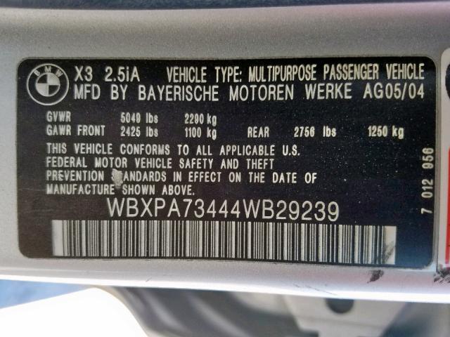 WBXPA73444WB29239 - 2004 BMW X3 2.5I SILVER photo 10