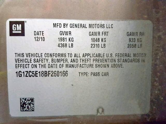 1G1ZC5E18BF260166 - 2011 CHEVROLET MALIBU 1LT 灰色 照片 10