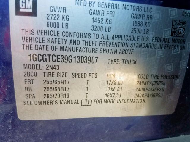 1GCGTCE39G1303907 - 2016 CHEVROLET COLORADO L BLUE photo 10