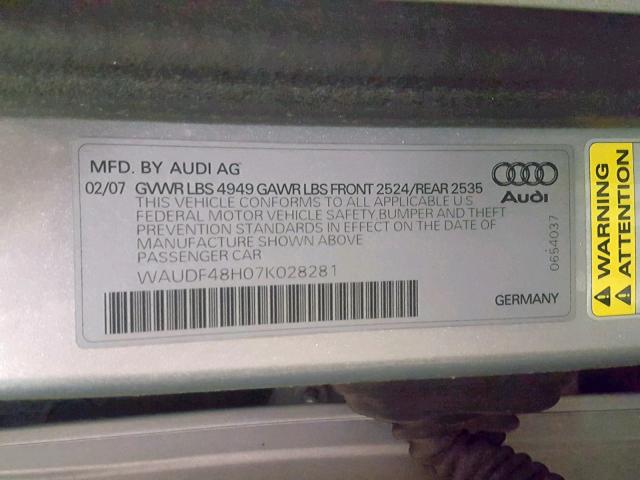 WAUDF48H07K028281 - 2007 AUDI A4 2.0T CA SILVER photo 10