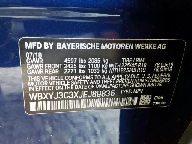 WBXYJ3C3XJEJ89836 - 2018 BMW X2 SDRIVE2 BLUE photo 10