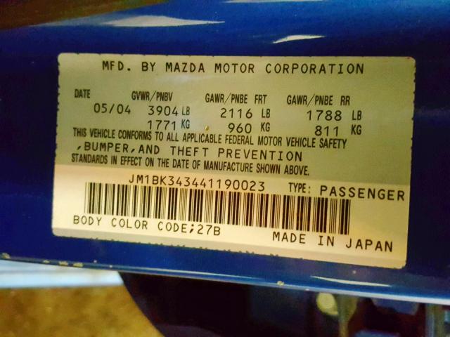 JM1BK343441190023 - 2004 MAZDA 3 HATCHBAC BLUE photo 10