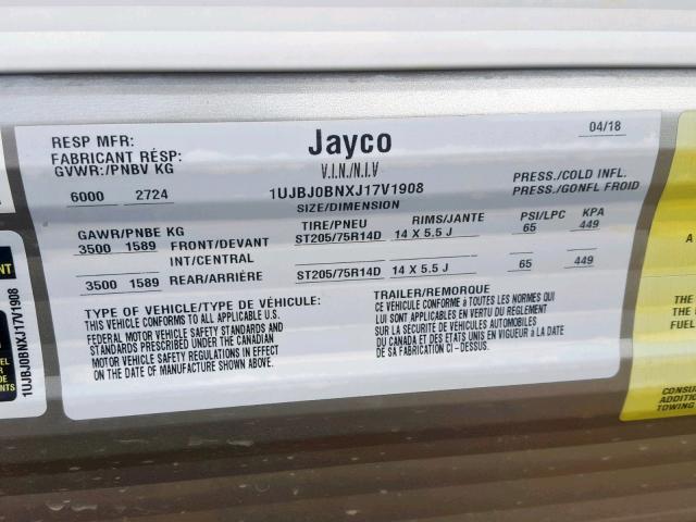 1UJBJ0BNXJ17V1908 - 2018 JAYCO JAYFLIGHT  WHITE photo 10