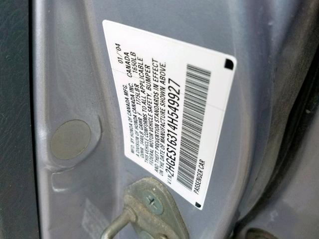 2HGES16314H549927 - 2004 HONDA CIVIC DX V SILVER photo 10