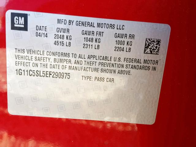 1G11C5SL5EF290975 - 2014 CHEVROLET MALIBU 1LT 红色 照片 10