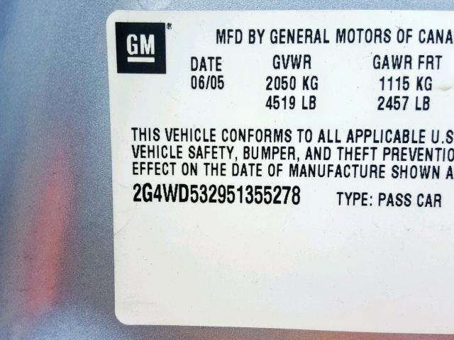 2G4WD532951355278 - 2005 BUICK LACROSSE C SILVER photo 10
