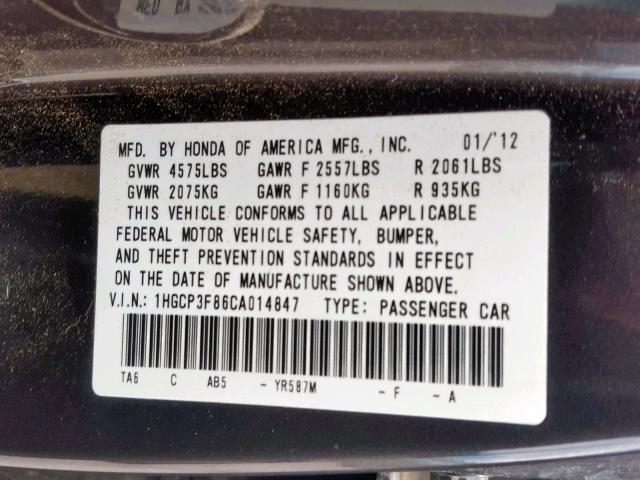 1HGCP3F86CA014847 - 2012 HONDA ACCORD EXL BROWN photo 10