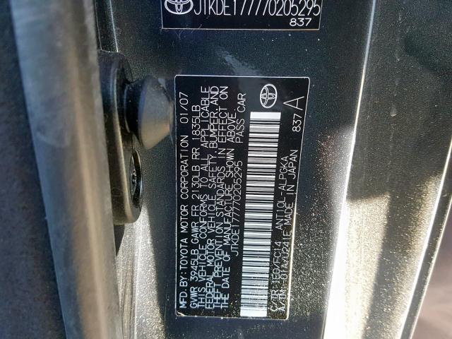 JTKDE177770205295 - 2007 TOYOTA SCION TC CHARCOAL photo 10