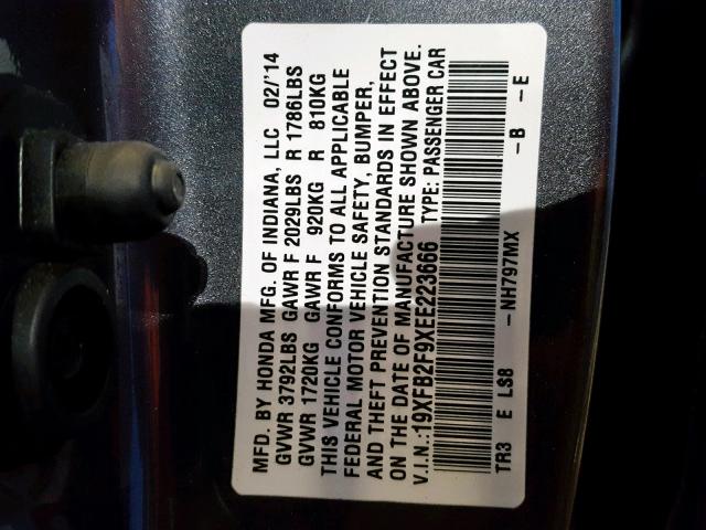 19XFB2F9XEE223666 - 2014 HONDA CIVIC EXL 灰色 照片 10