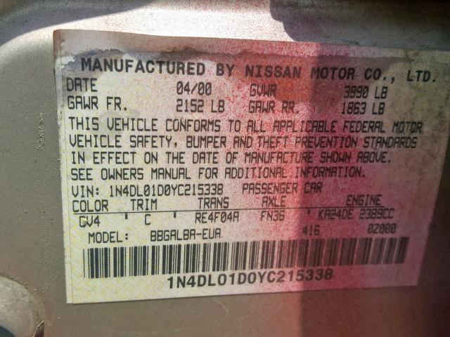 1N4DL01D0YC215338 - 2000 NISSAN ALTIMA XE RED photo 10