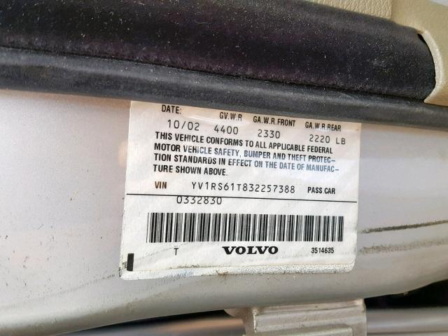 YV1RS61T832257388 - 2003 VOLVO S60 SILVER photo 10