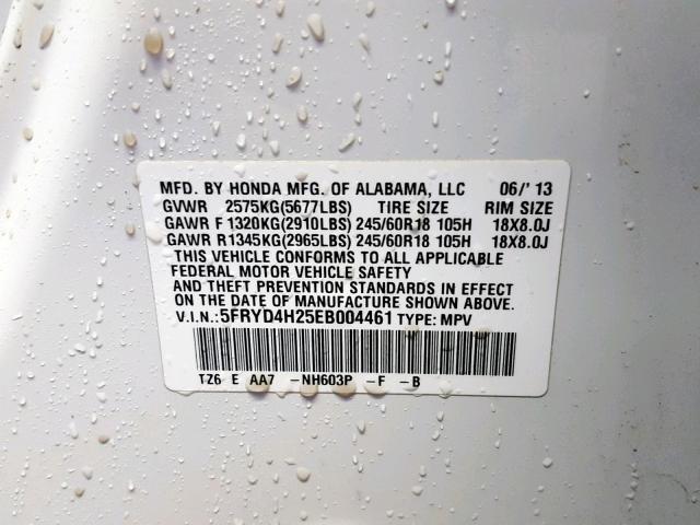 5FRYD4H25EB004461 - 2014 ACURA MDX WHITE photo 10