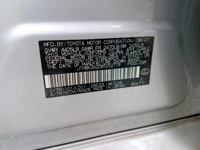 JTHBK262085052779 - 2008 LEXUS IS 250 SILVER photo 10