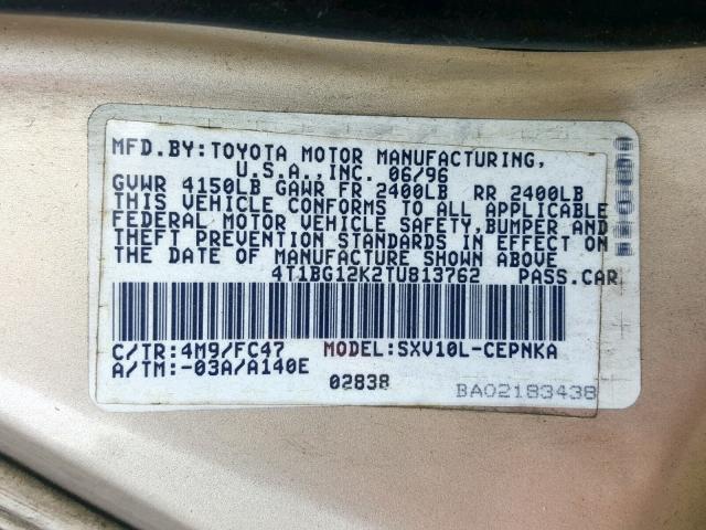 4T1BG12K2TU813762 - 1996 TOYOTA CAMRY DX TAN photo 10