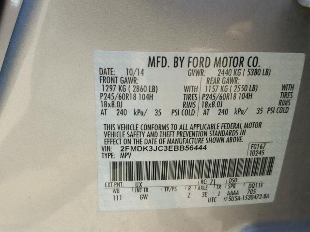 2FMDK3JC3EBB56444 - 2014 FORD EDGE SEL SILVER photo 10