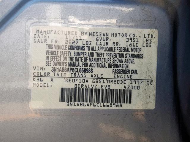 3N1AB6AP6CL668988 - 2012 NISSAN SENTRA 2.0 GRAY photo 10