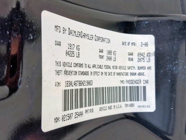 1B3AL46T86N219063 - 2006 DODGE STRATUS SX BLACK photo 10