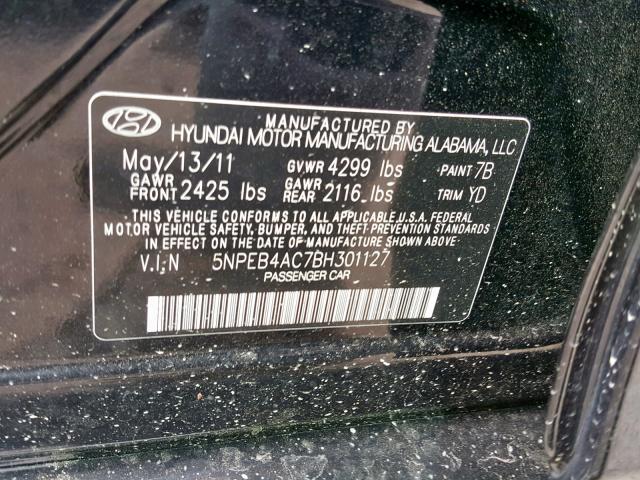 5NPEB4AC7BH301127 - 2011 HYUNDAI SONATA GLS BLACK photo 10