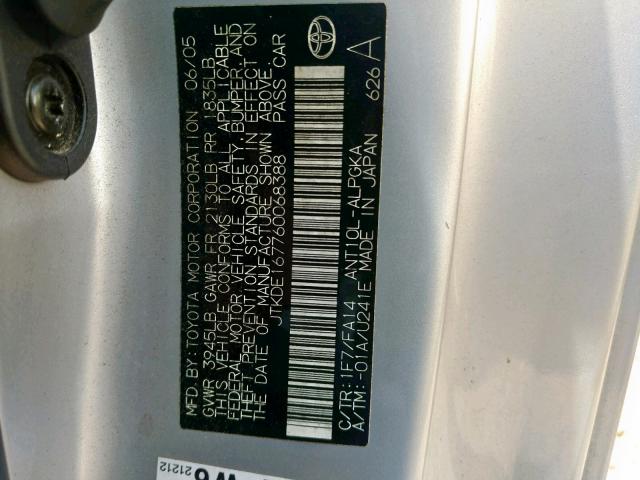 JTKDE167760068388 - 2006 TOYOTA SCION TC ვერცხლისფერი ფოტო 10