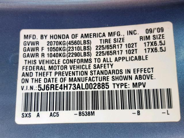 5J6RE4H73AL002885 - 2010 HONDA CR-V EXL BLUE photo 10