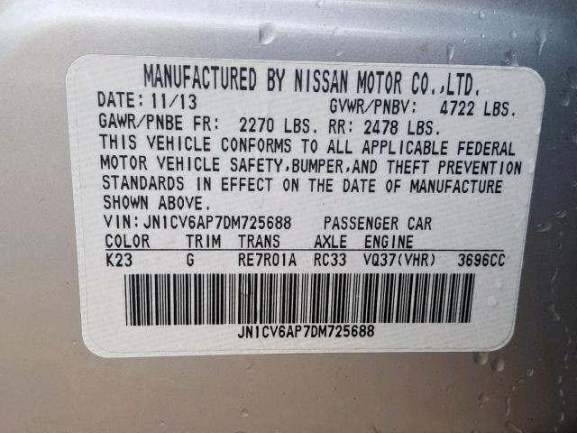 JN1CV6AP7DM725688 - 2013 INFINITI G37 BASE SILVER photo 10