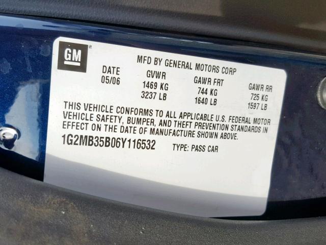 1G2MB35B06Y116532 - 2006 PONTIAC SOLSTICE BLUE photo 10