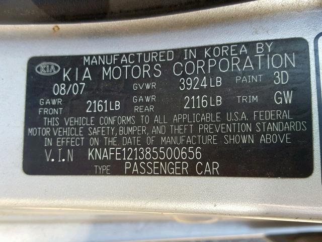 KNAFE121385500656 - 2008 KIA SPECTRA EX SILVER photo 10