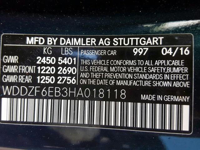 WDDZF6EB3HA018118 - 2017 MERCEDES-BENZ E 43 4MATI BLUE photo 10