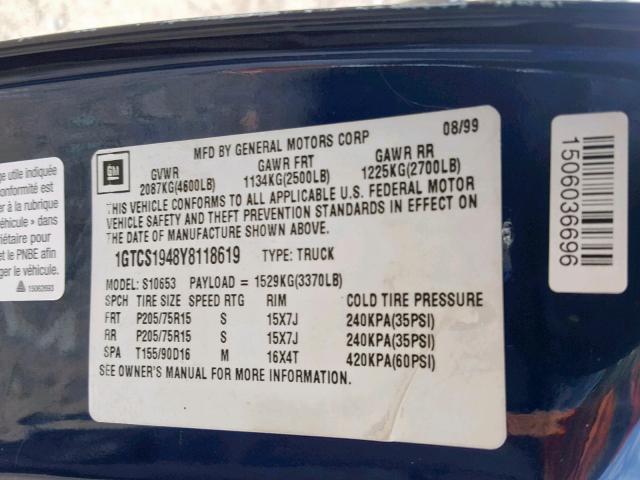 1GTCS1948Y8118619 - 2000 GMC SONOMA BLUE photo 10