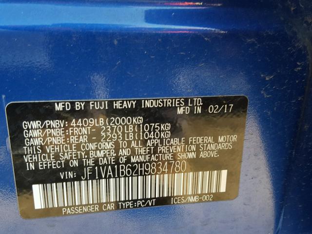 JF1VA1B62H9834780 - 2017 SUBARU WRX BLUE photo 10