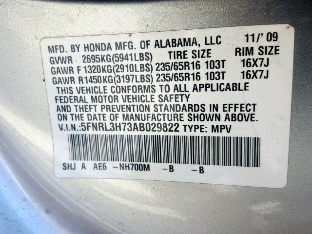 5FNRL3H73AB029822 - 2010 HONDA ODYSSEY EX SILVER photo 10