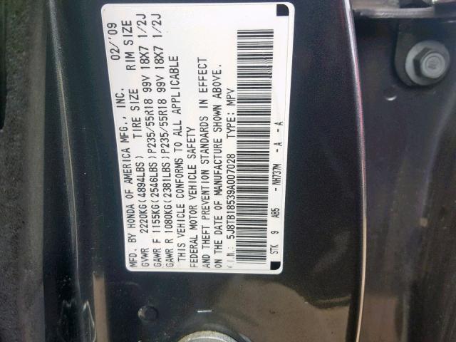 5J8TB18539A007028 - 2009 ACURA RDX TECHNO GRAY photo 10